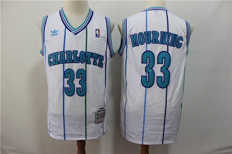 Men Charlotte Hornets 33 Mourning White Throwback Adidas NBA Jerseys